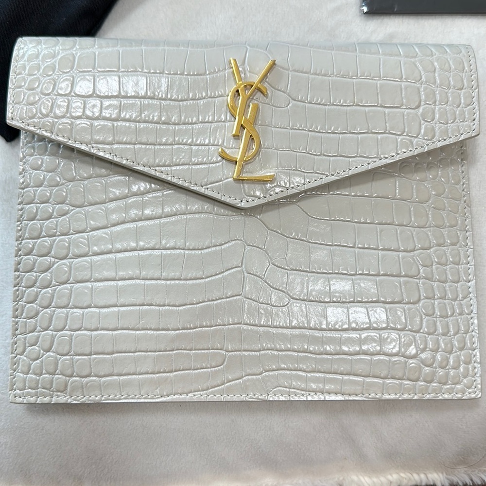 Saint Laurent off white croc baby uptown pouch with GHW